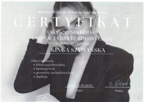 kis beauty certyfikat natalia walczak laminacja brwi koloryzacja kinga szymanska