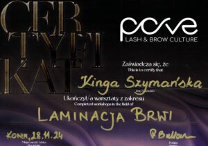 kis beauty certyfikat pove laminacja brwi kinga szymanska