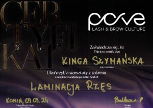 kis beauty certyfikat pove laminacja rzes kinga szymanska
